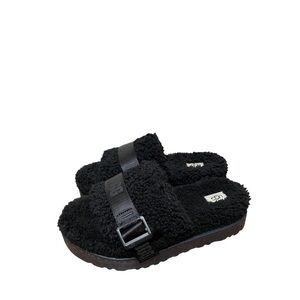 LIKE NEW UGG FLUFFITA BLACK SHEARLING LINED ONE BAND SLIP-ON SLIDES SANDALS 8